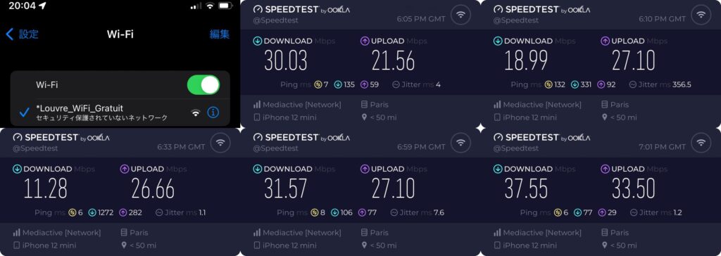 ルーヴル美術館（Musée du Louvre）フリーWiFi スピードテスト（速度計測）結果