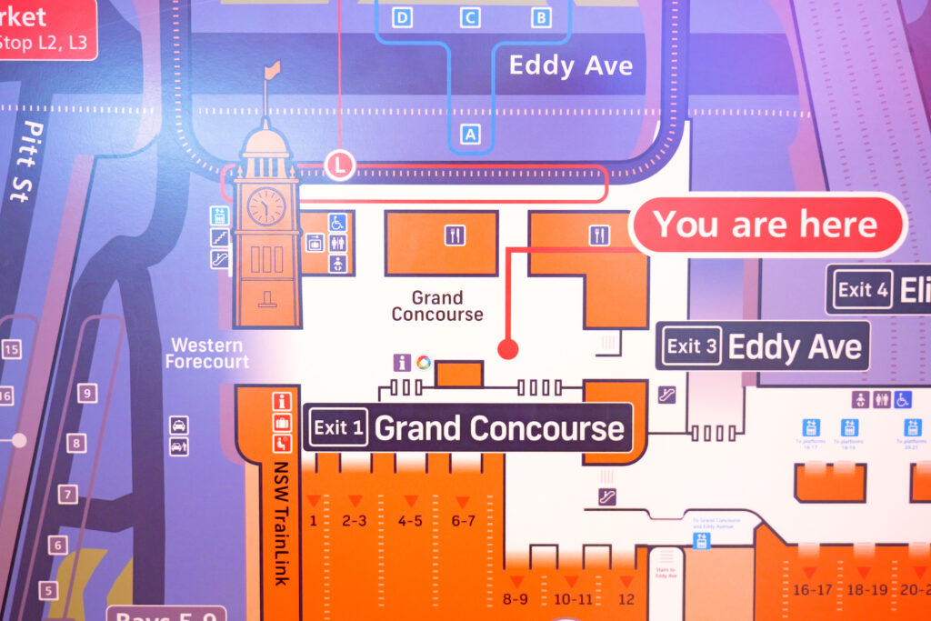 シドニー電車 インフォメーション 地図（マップ）現在地 シドニーセントラル駅 グランドコンコース